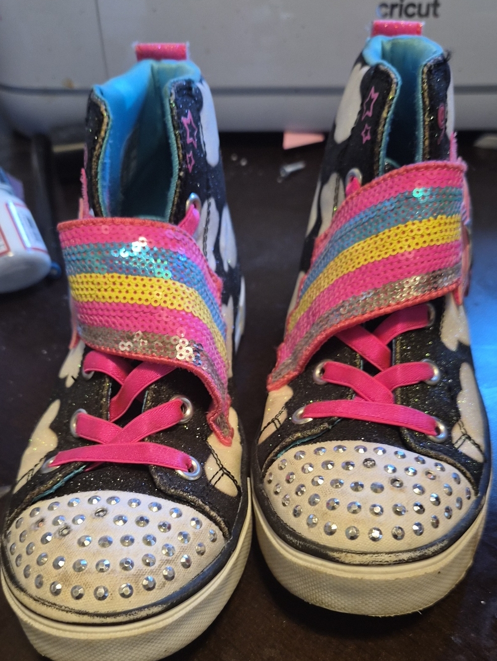 Twinkle Toes High-Top Sneakers with Rainbow Sequin Strap and Pink Laces
